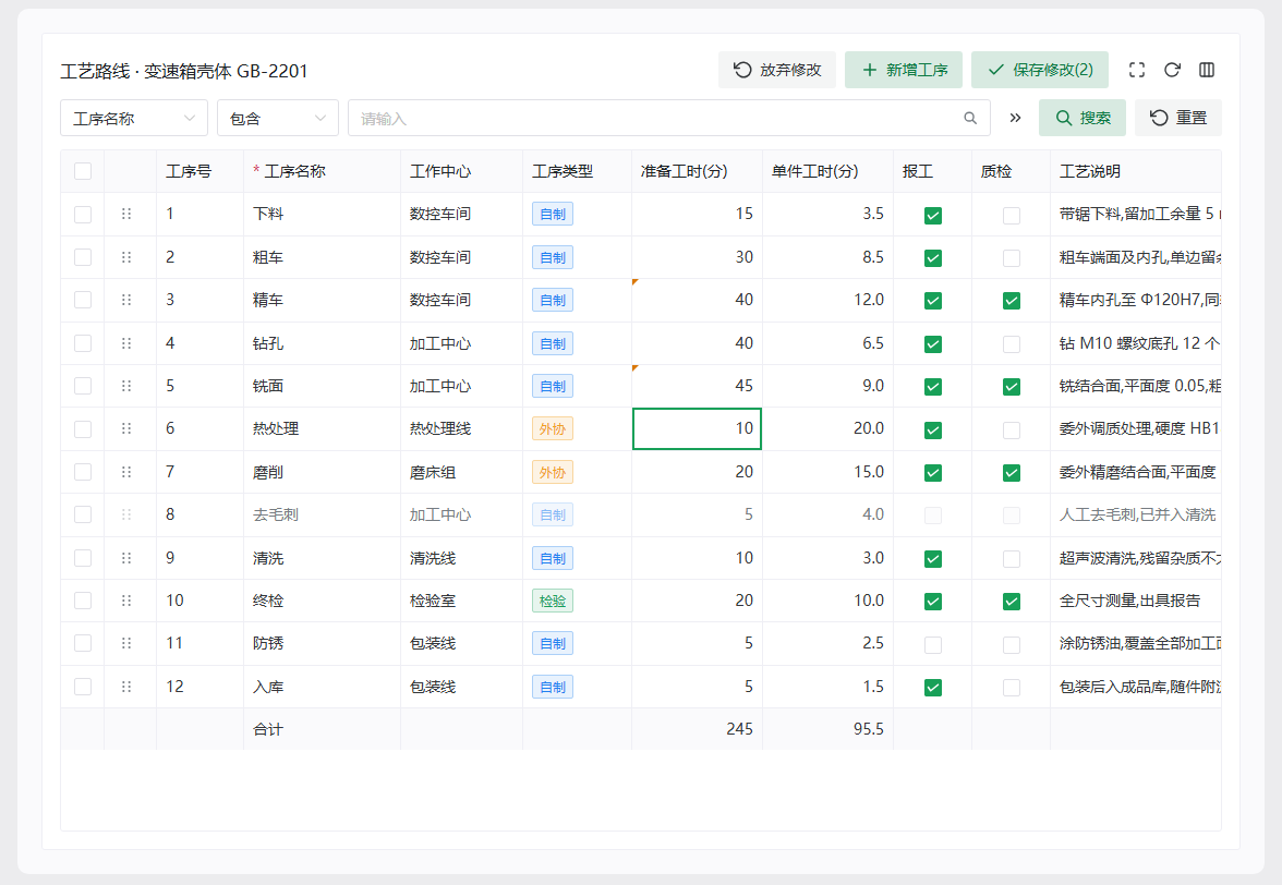 可编辑表格:工艺路线示例,两个改过的格带脏标记,保存修改(2)