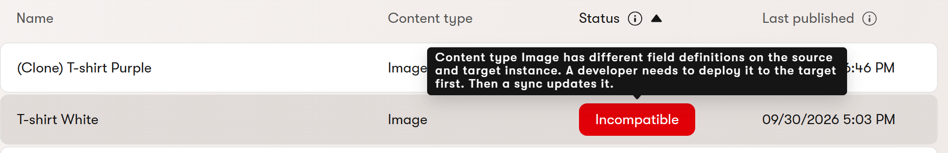 Tooltip on an Incompatible tag: Content type Image has different field definitions on the source and target instance; a developer needs to deploy it to the target first