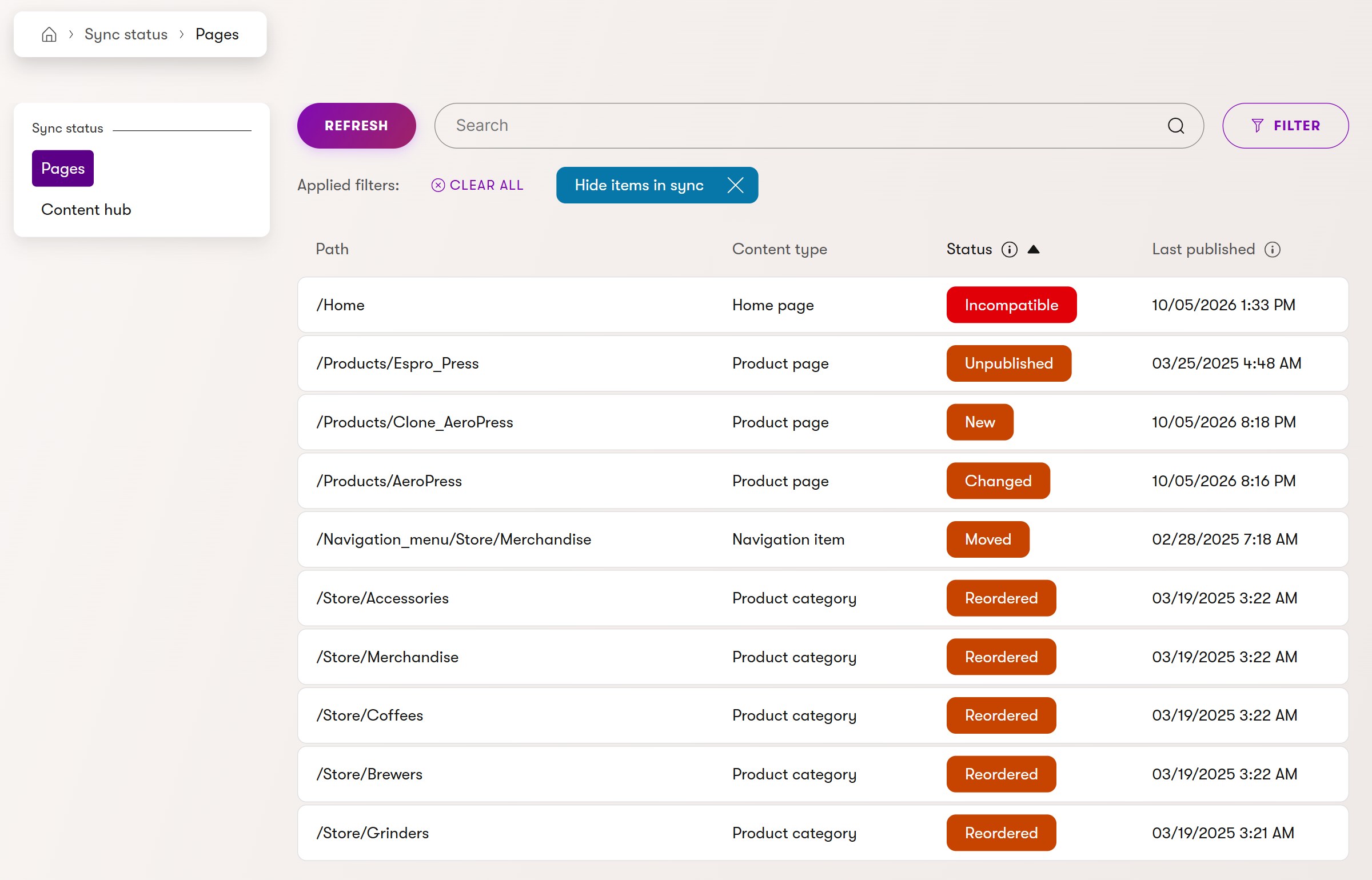 Sync status Pages tab listing pages as Incompatible, Unpublished, New, Changed, Moved and Reordered