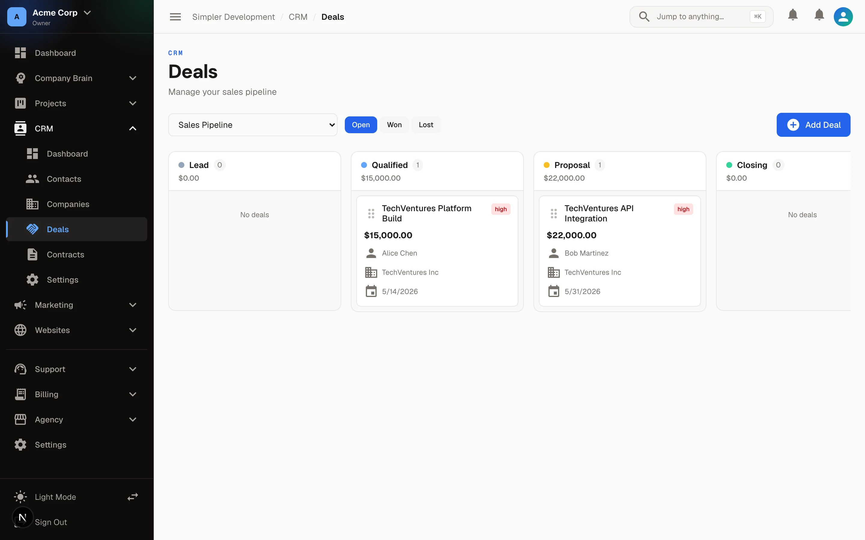 CRM deals board