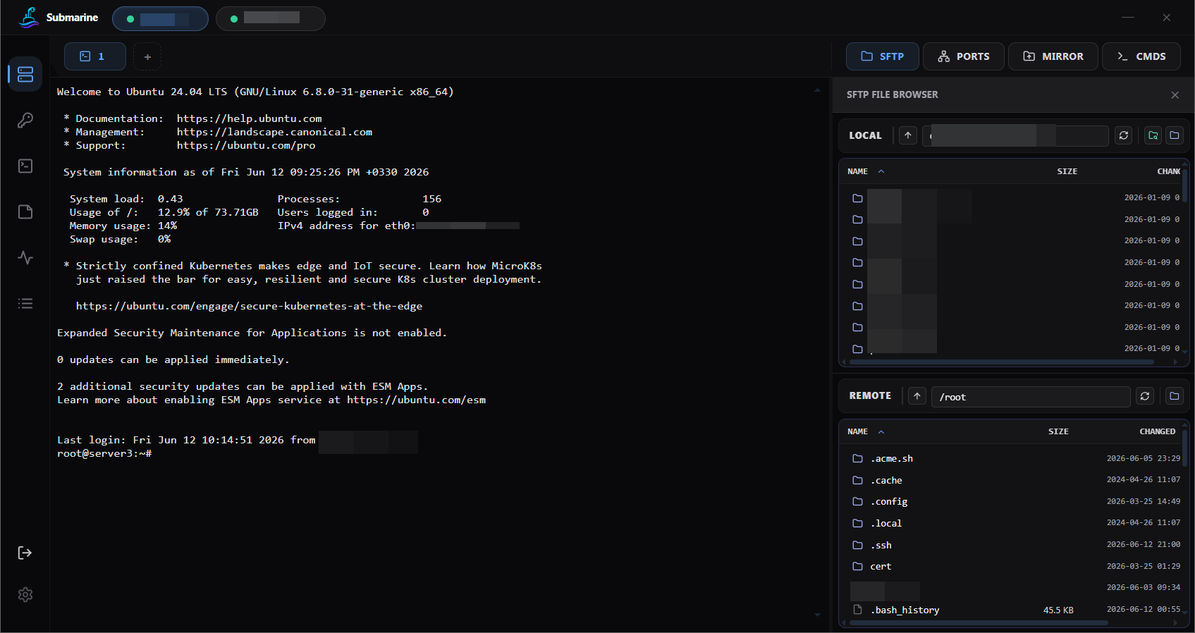 Submarine main window — terminal session with dual-pane SFTP browser open on the right
