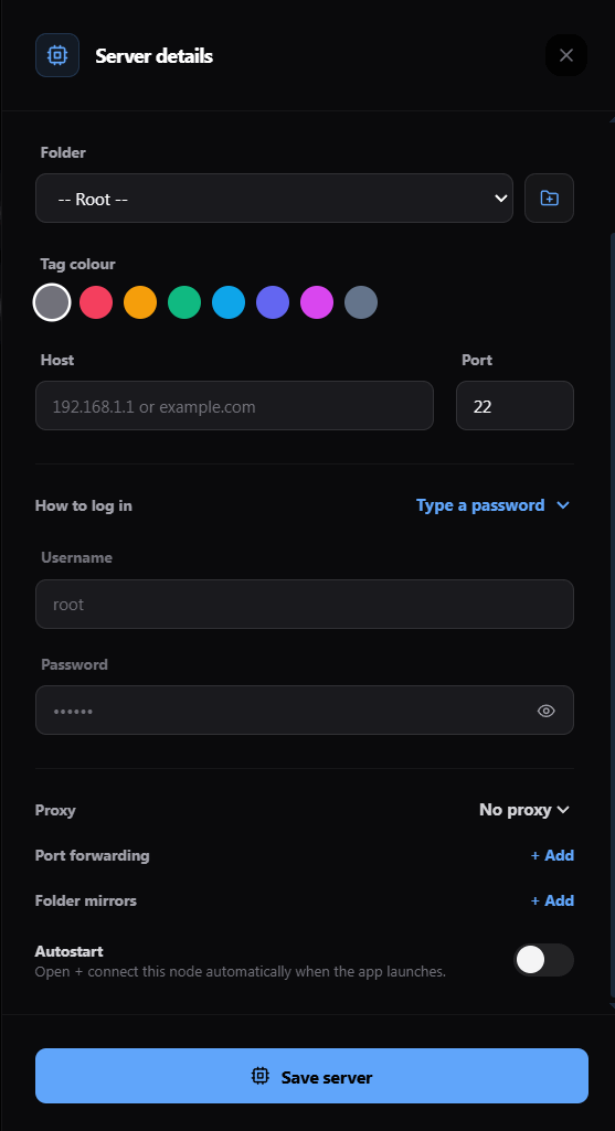 Server details form: folder, tag colour, host/port, login method, proxy, tunnels, mirrors, autostart