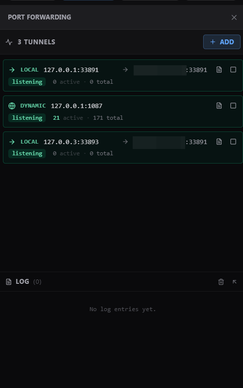 Port forwarding panel: local, remote, and dynamic SOCKS tunnels with live connection counters