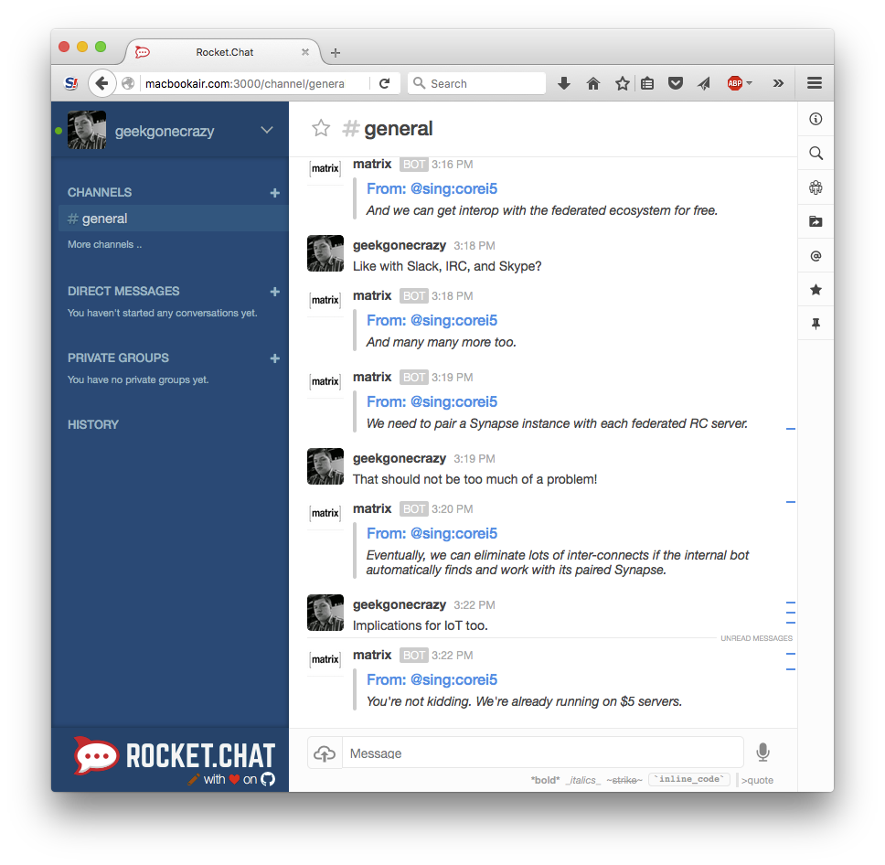 rocket chat github integration