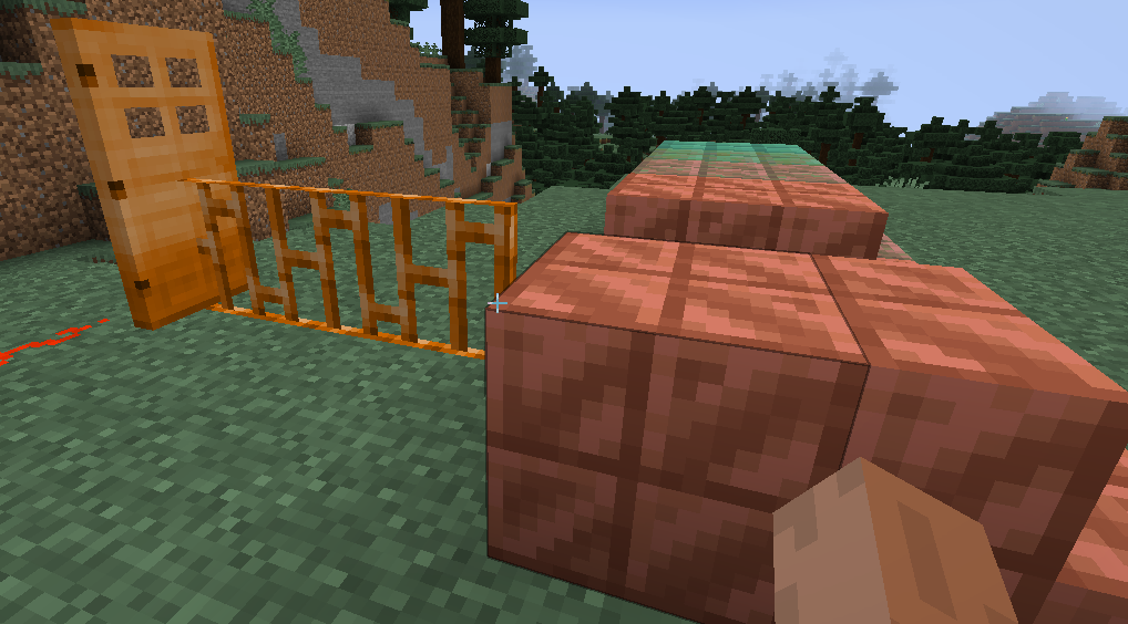 Vanilla copper blocks, SimpleOres copper doors and bars
