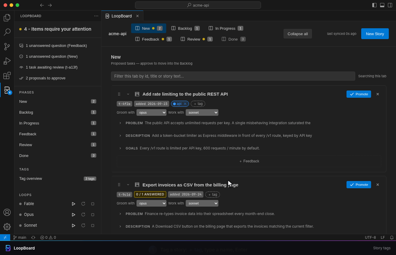 A New story gets a billing tag and a green color from the palette; tag:api filters the tab; the sidebar's Tags entry opens the tag overview with a progress bar across every phase, and the picker switches to the ci tag