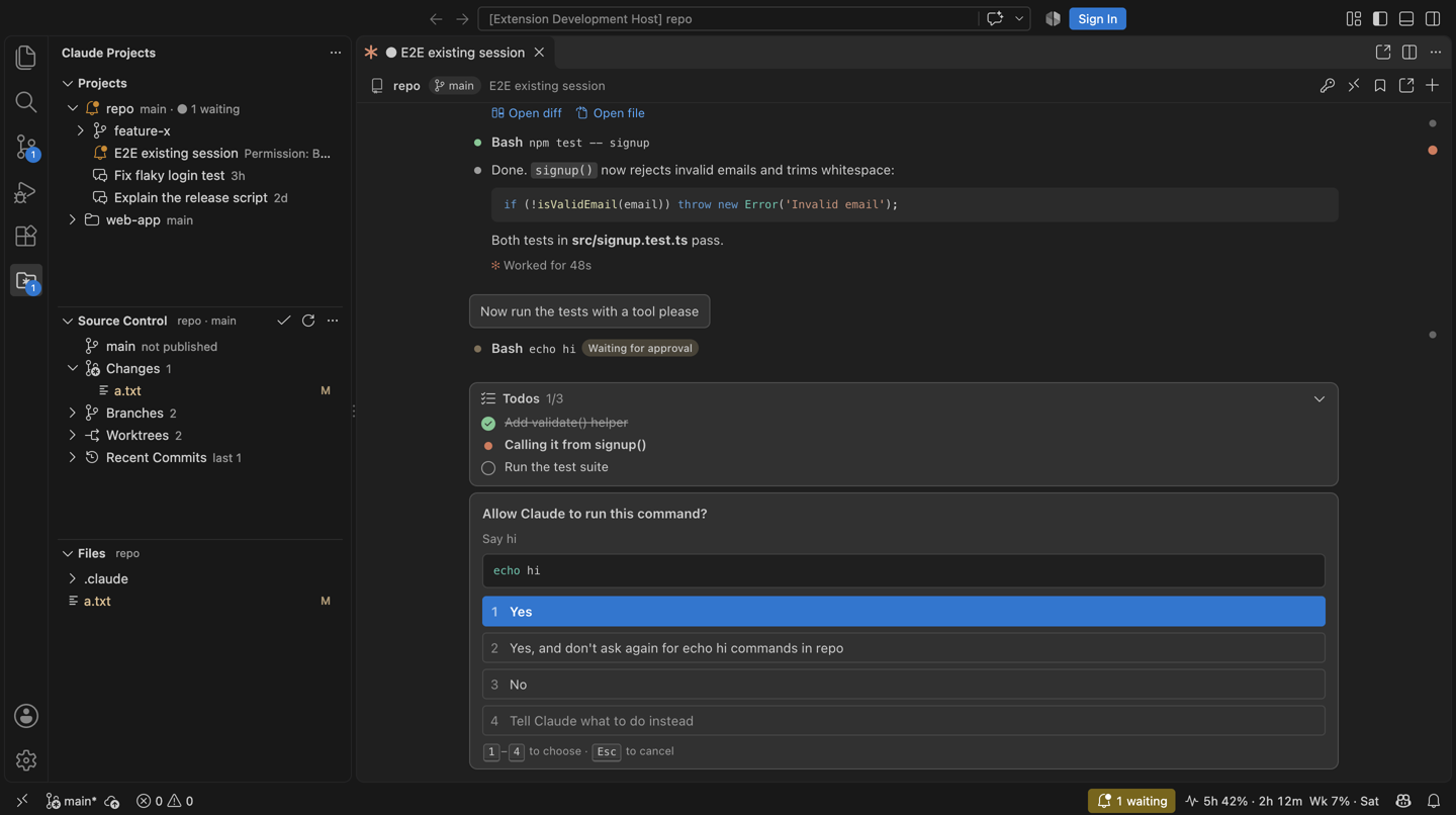 Projects, Source Control and Files views beside a chat waiting for permission