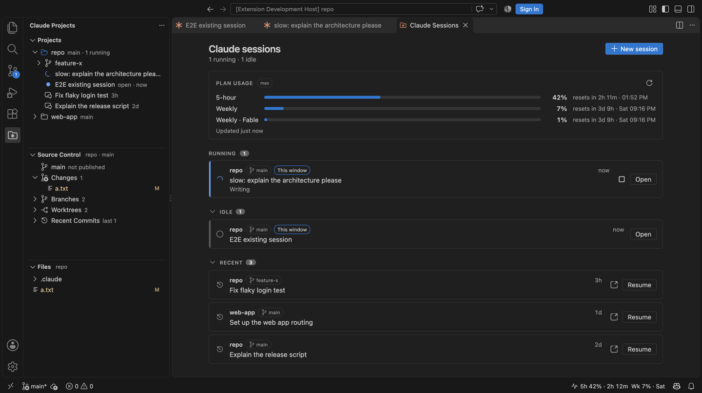 The sessions dashboard with plan usage, sessions that need you, running and recent sessions