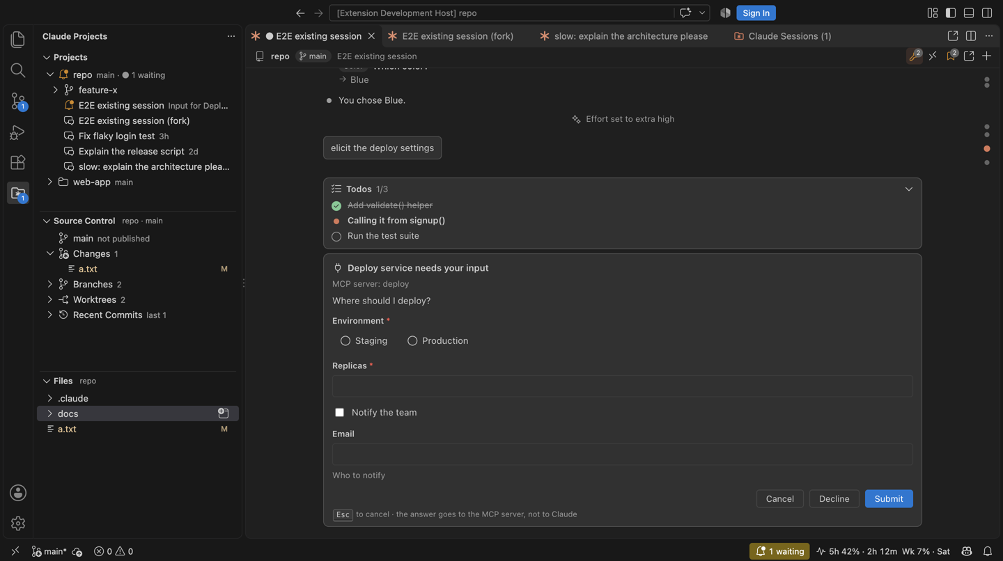 An MCP server asking for deploy settings