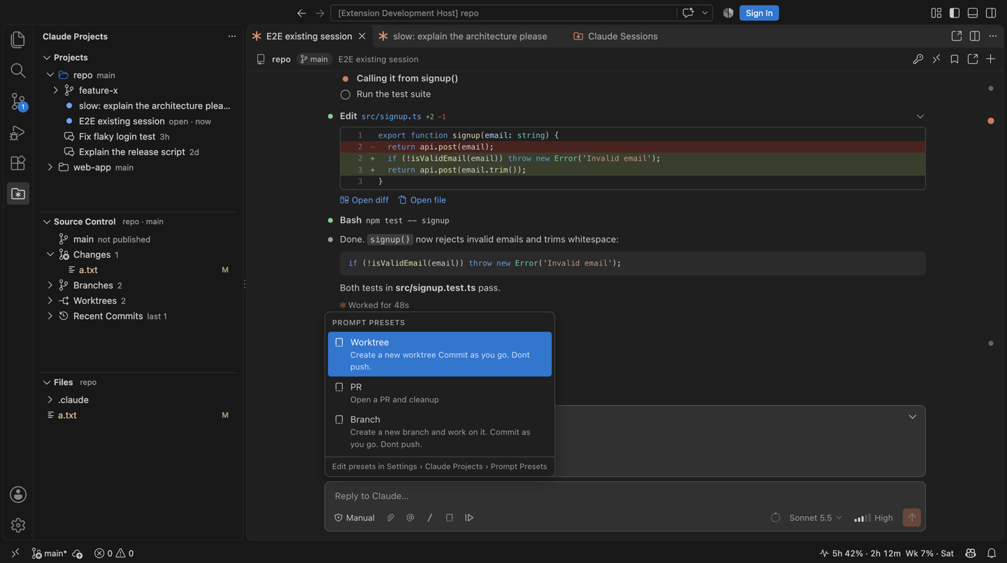 The prompt presets menu