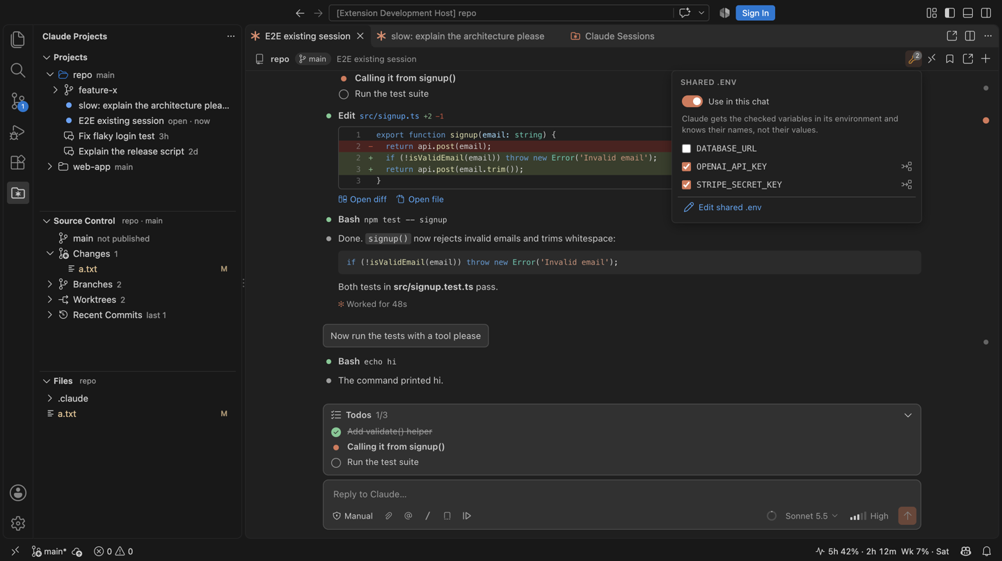 The shared .env menu with a variable turned on per chat