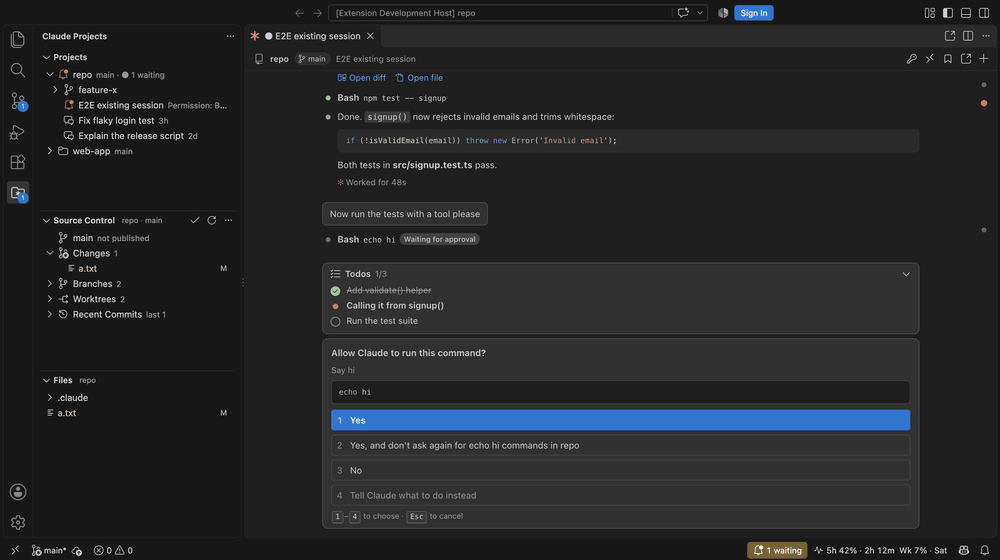 A tour: a chat waiting for permission, forking from a reply, the shared .env, prompt presets, continuing after a usage limit, and the sessions dashboard