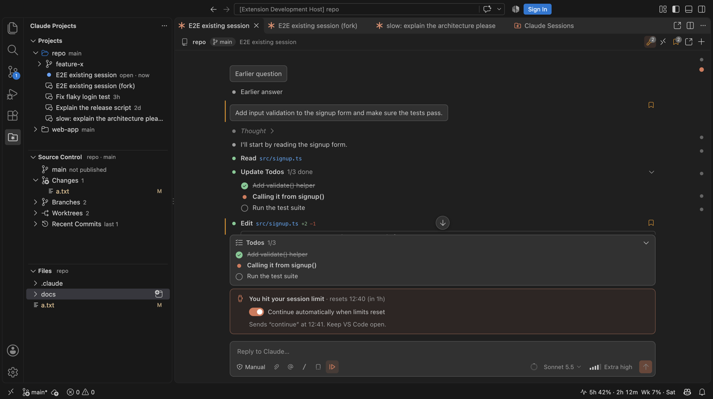 A chat stopped by the session limit, set to continue automatically