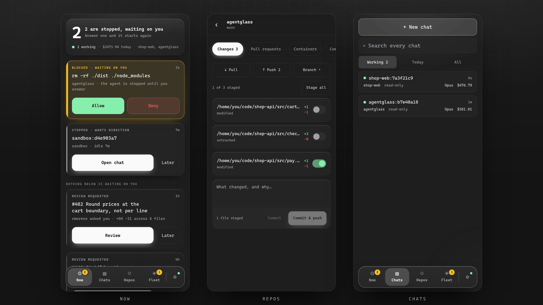 the phone companion โ the queue, a repository's changes, and the chat list