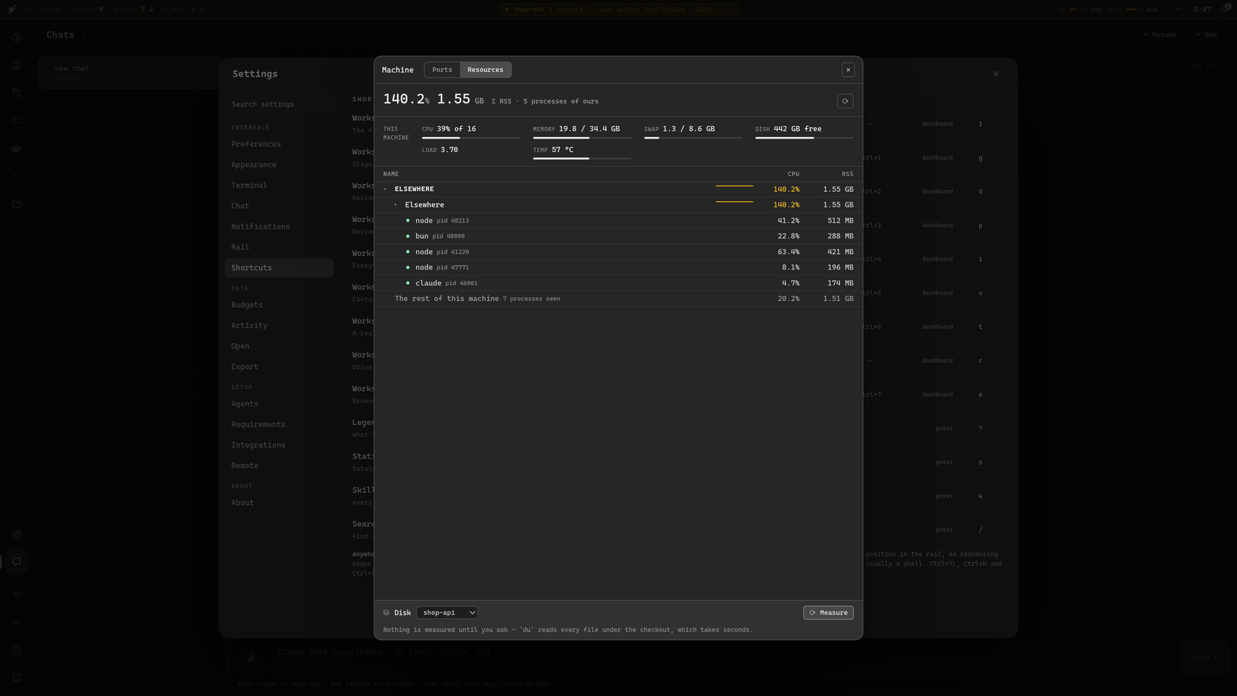 settings โ every shortcut, rebindable, with the key that works anywhere beside the one that works on the dashboard