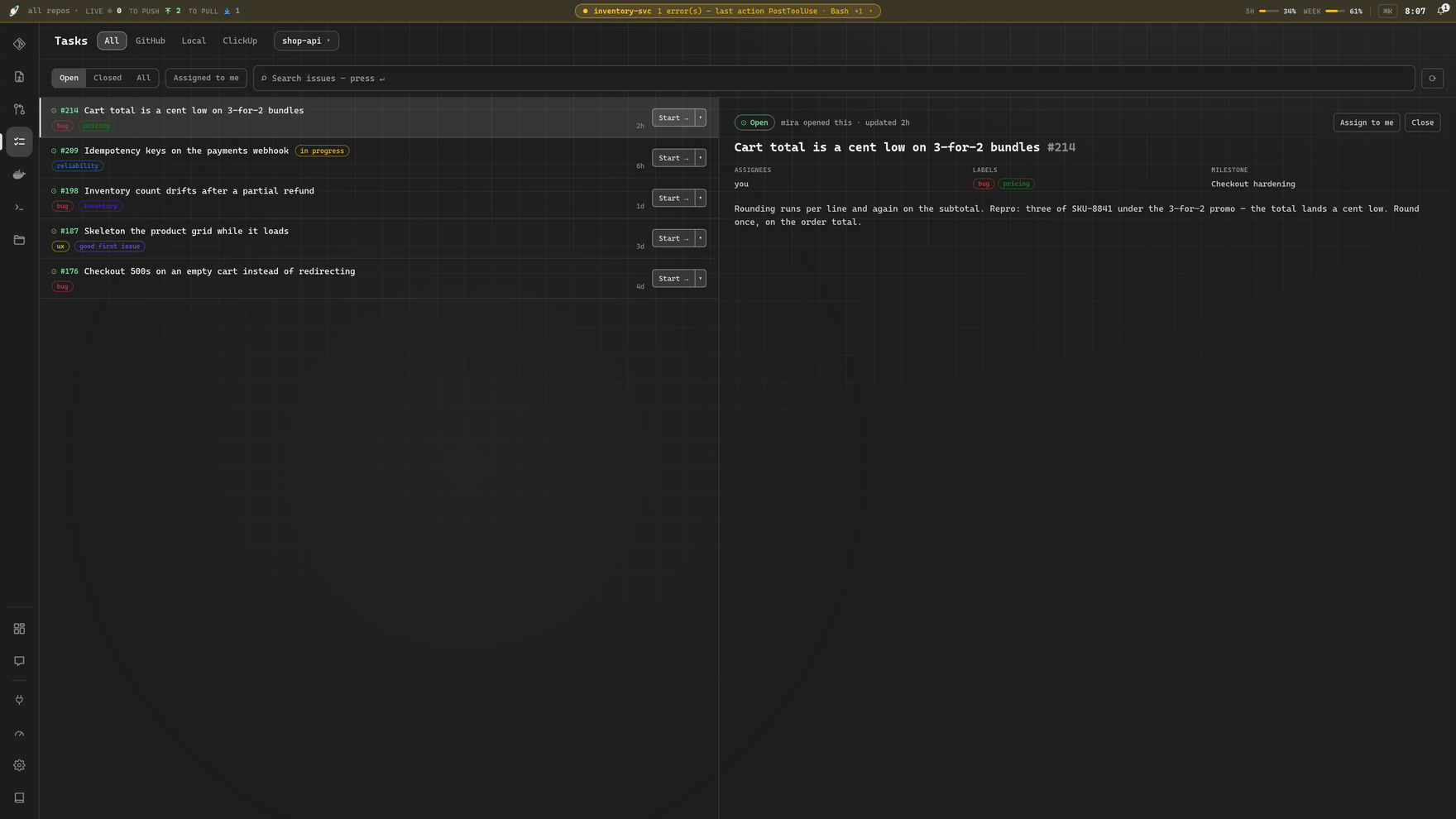tasks โ GitHub issues for a repo, one opened to its detail, and Start โ to cut the worktree