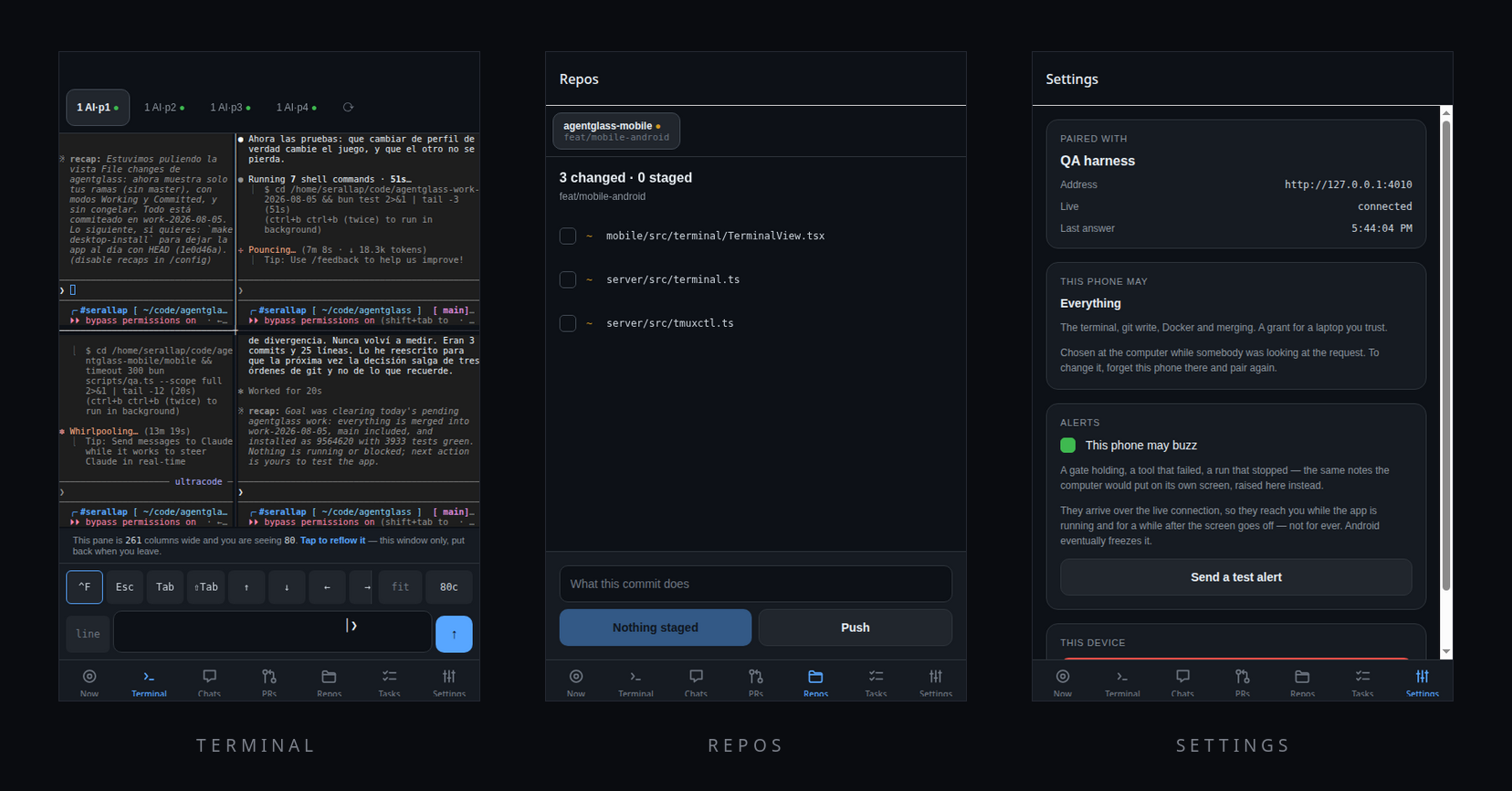 the phone app — the machine's tmux panes, a checkout's changes, and what this device was granted
