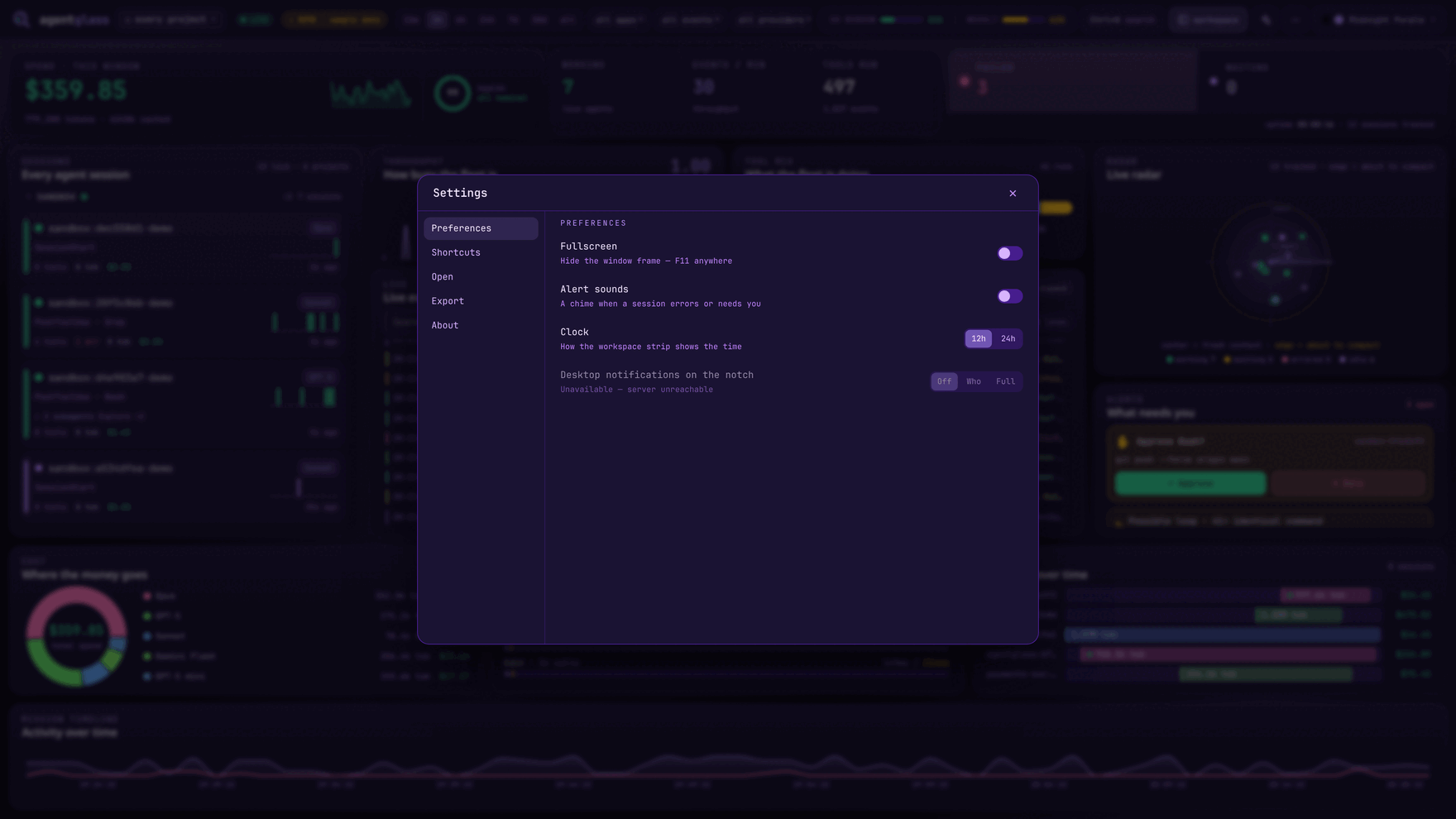 settings — preferences, shortcuts, and the About pane that offers a newer release