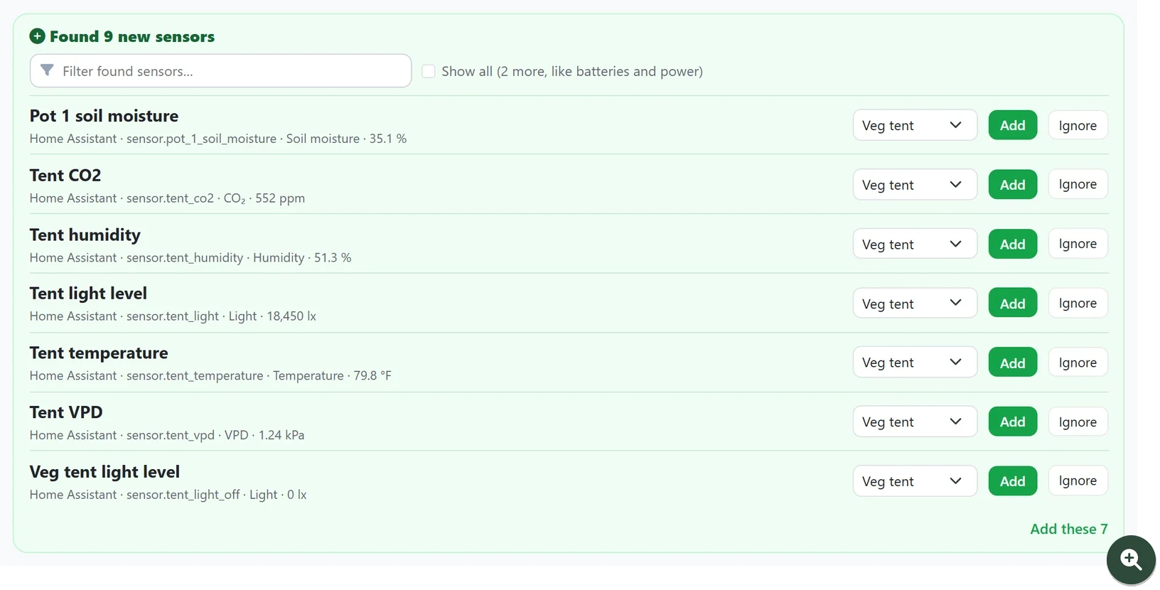 Scan Home Assistant results: seven grow sensors such as tent temperature, humidity, CO2, VPD, light level and soil moisture, each with its current reading, a tent to put it in and an Add button, plus a filter box and a Show all switch for batteries and power