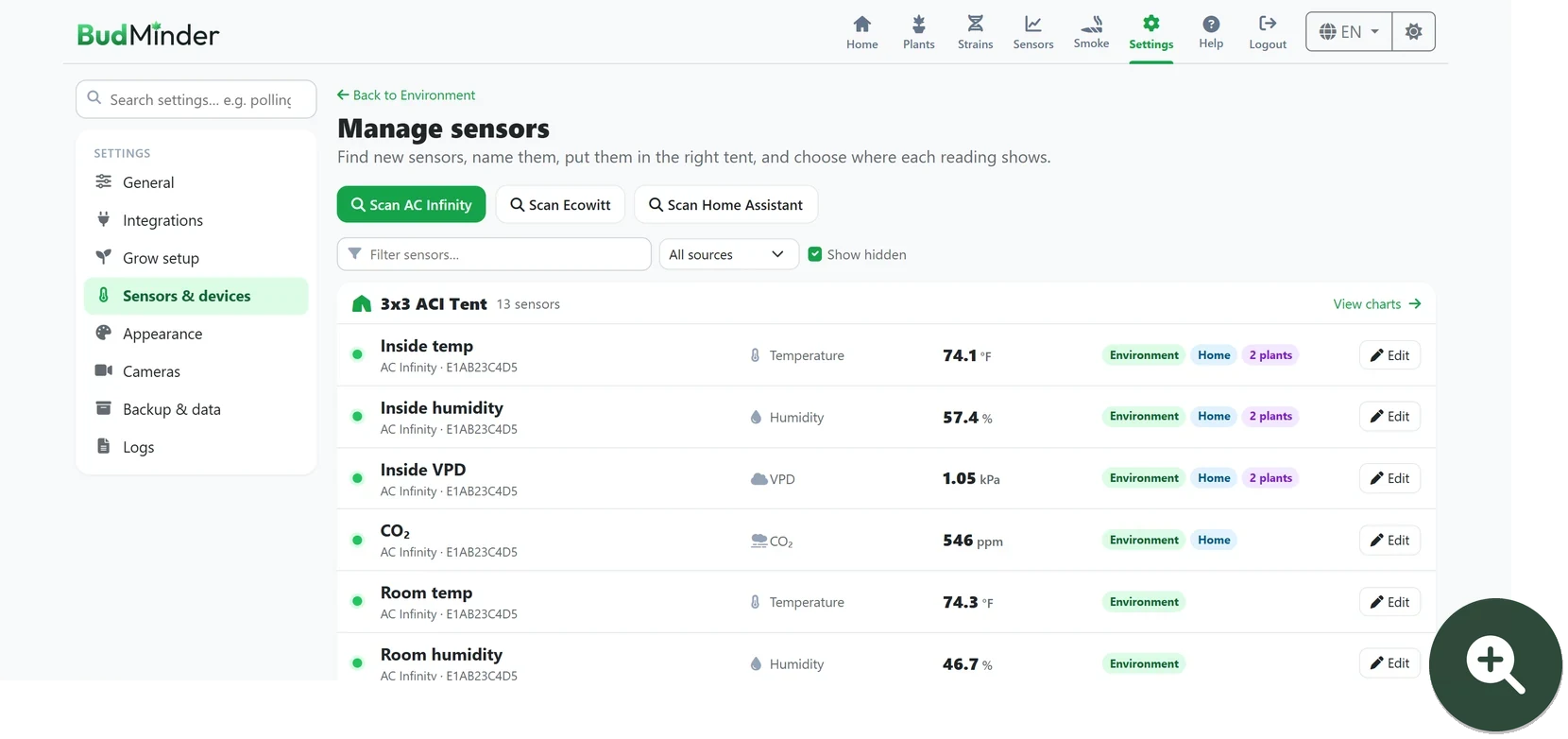 The Manage sensors page listing a tent's sensors with their current readings