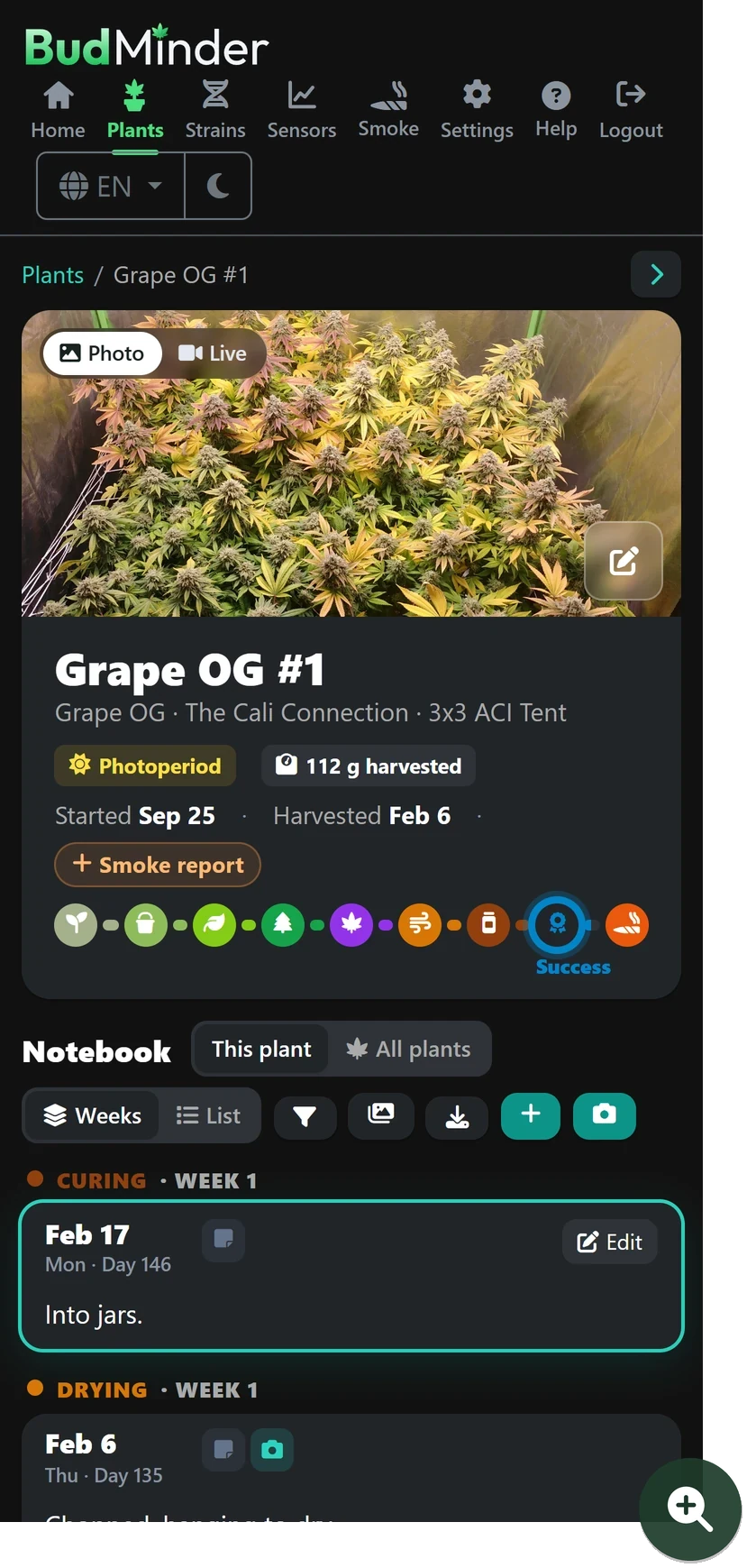 A harvested plant's page on a phone in dark mode