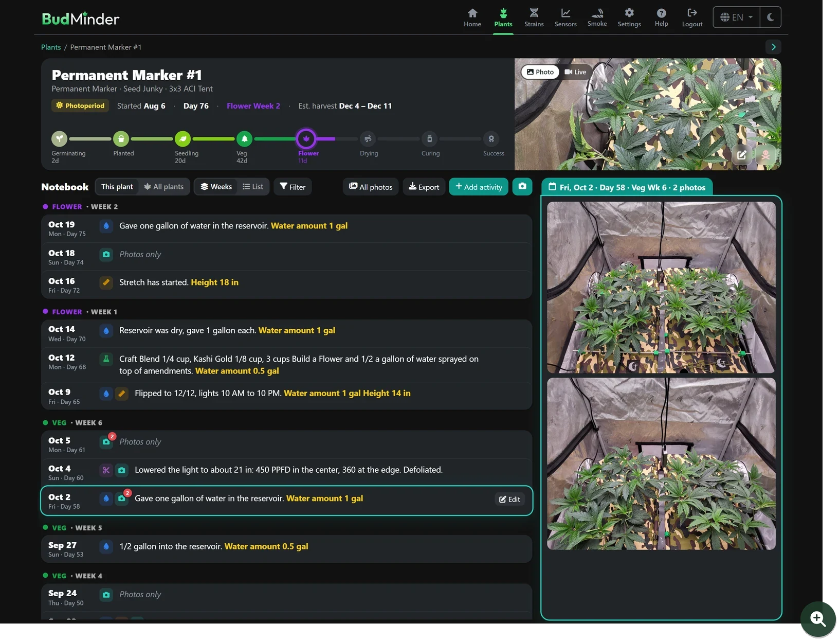 Permanent Marker #1's page in dark mode: the stage track at Flower week 2 with an estimated harvest of Nov 30 to Dec 7, the notebook grouped by week with water amounts, heights and notes, and the two photos from Sep 28 shown beside the selected day