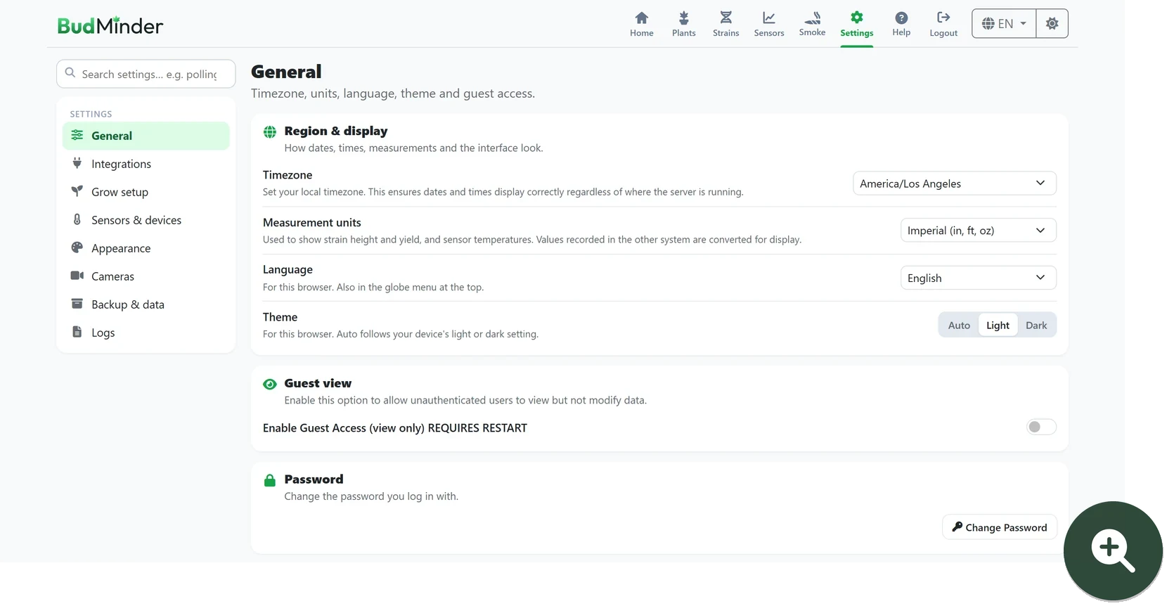 The Settings page with timezone, units, language, theme, guest view and password