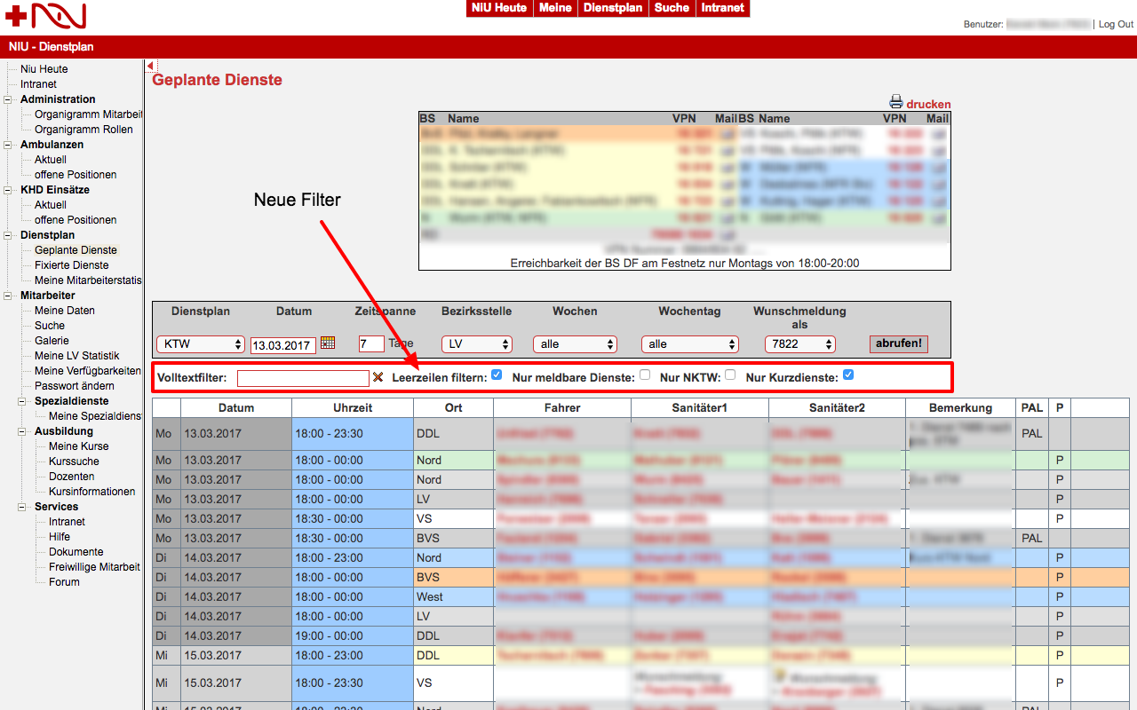 Erweiterte Filter für den Dienstplan