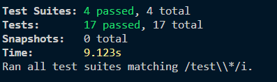 Screen capture of showing all tests passing based on output from the application Jest