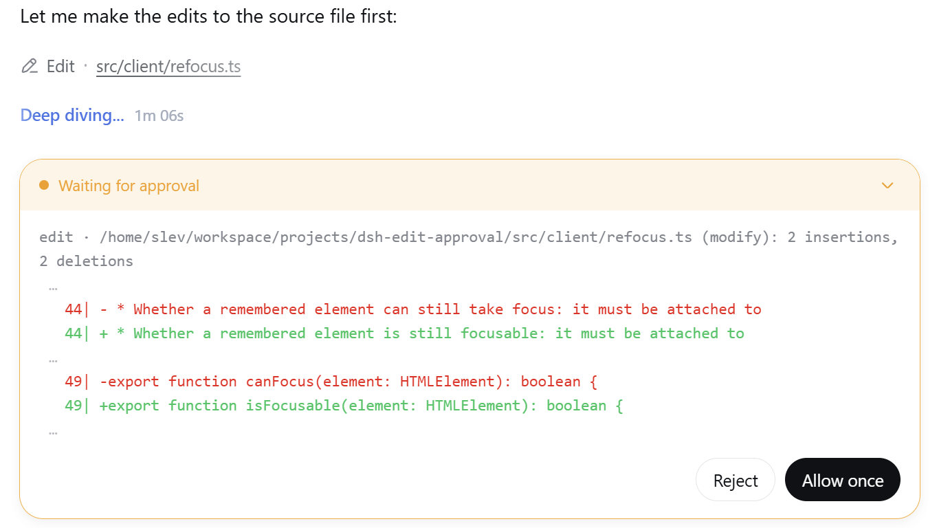 Edit approval panel: red/green line-level diff