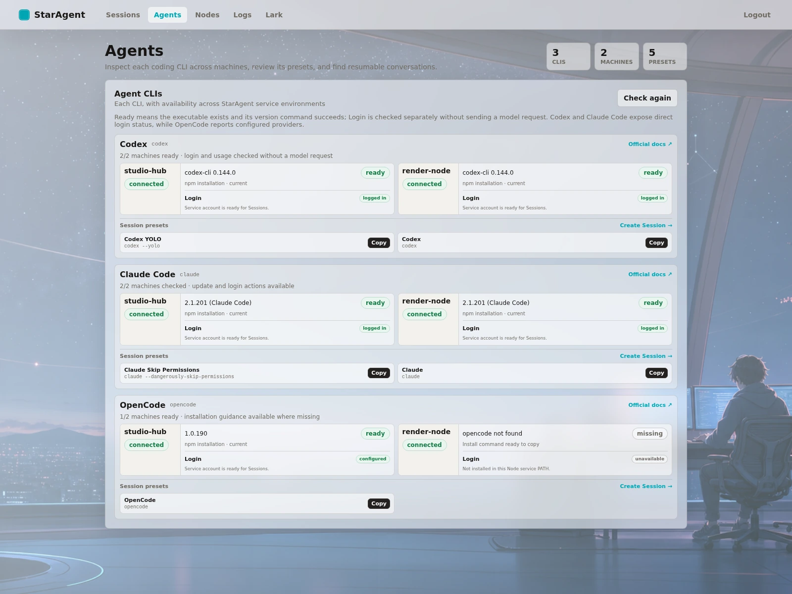 StarAgent Agents dashboard with Codex, Claude Code, and OpenCode