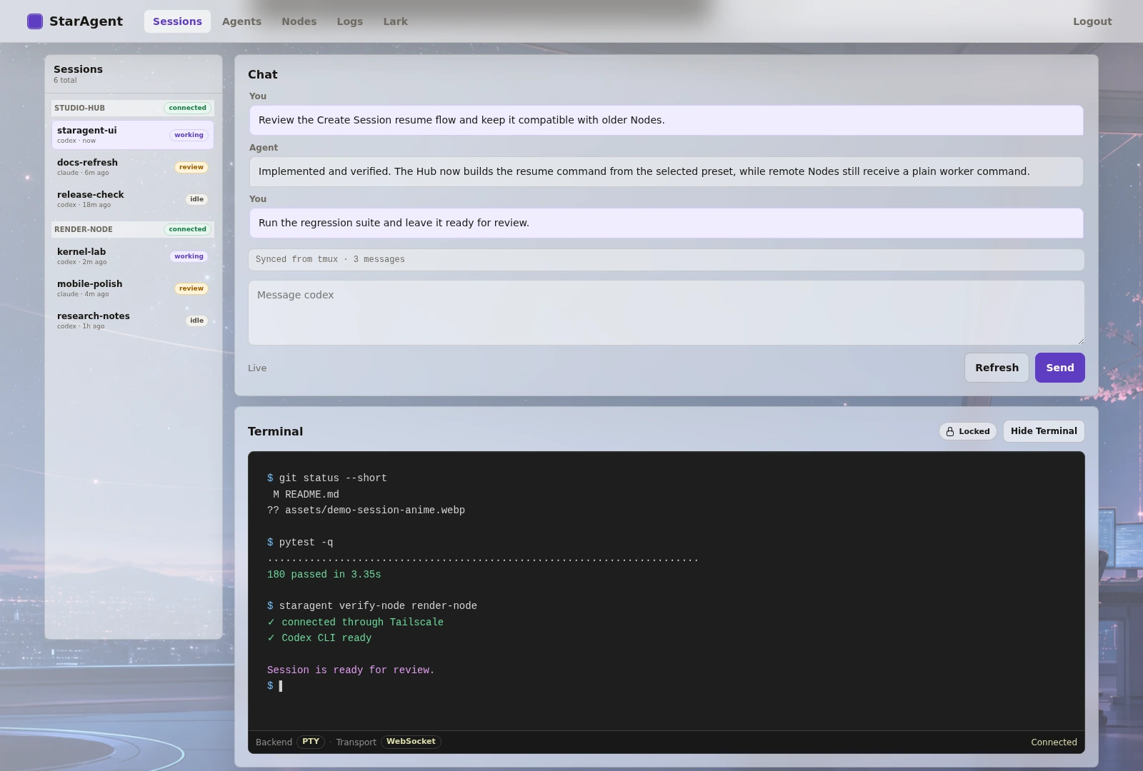 StarAgent session chat and locked PTY terminal