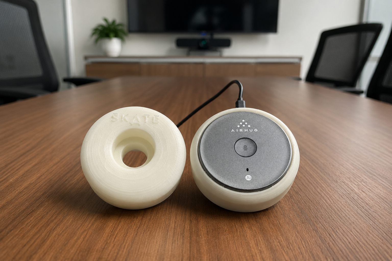 Custom skateboard-wheel conference microphone housing