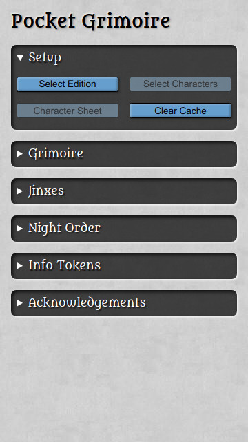 The starting screen for the Pocket Grimoire