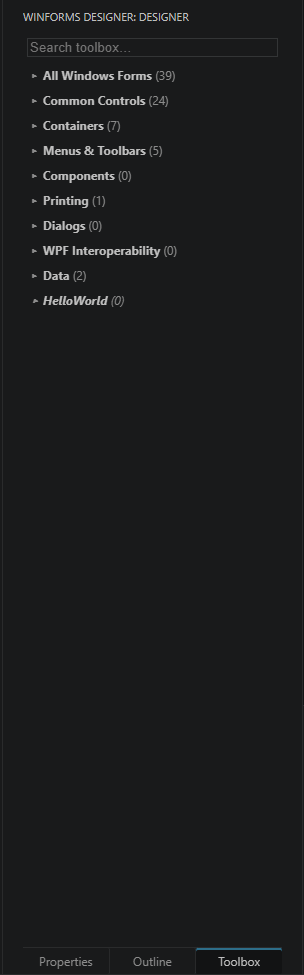 Toolbox grouped into VS categories