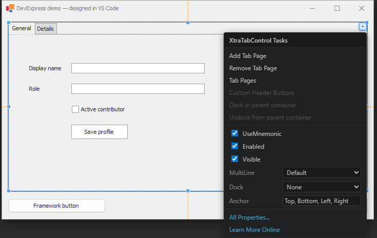 The XtraTabControl Tasks smart-tag panel on the canvas
