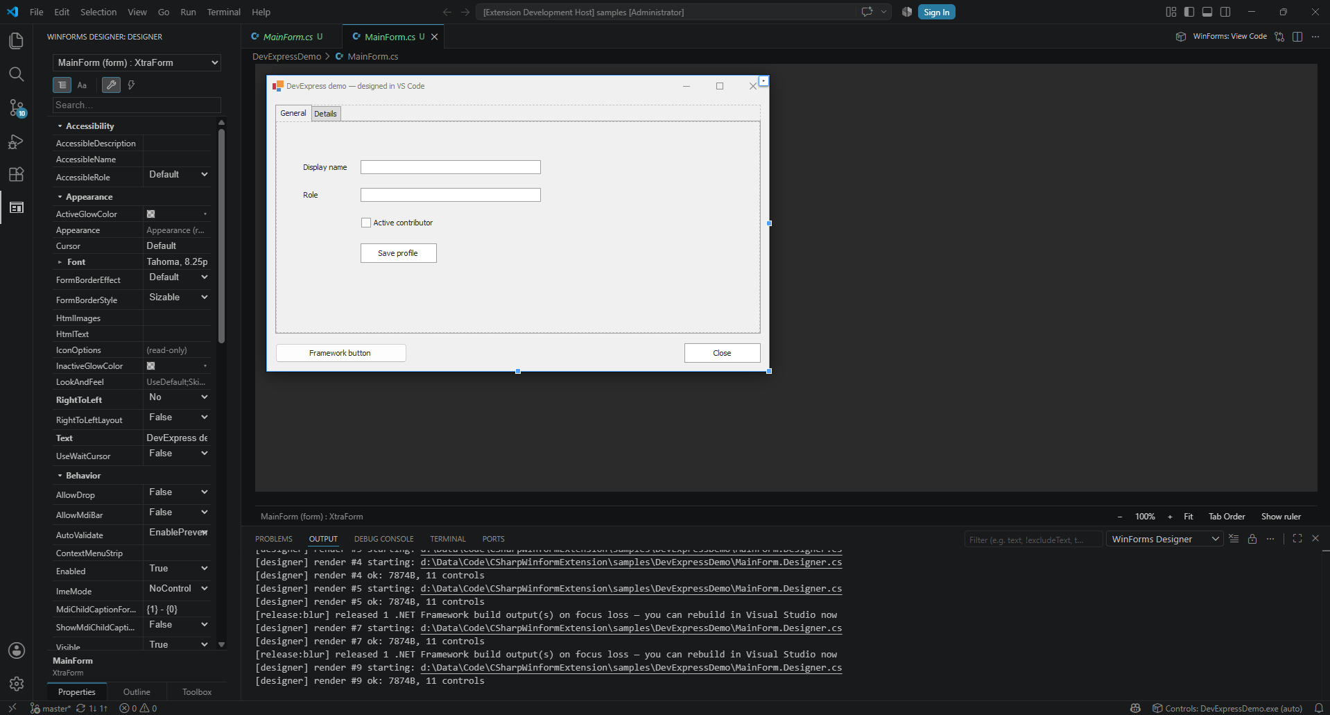 A DevExpress XtraForm in the designer, with its property grid
