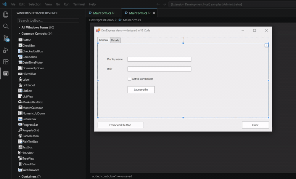 Dragging a ComboBox from the toolbox onto a DevExpress form