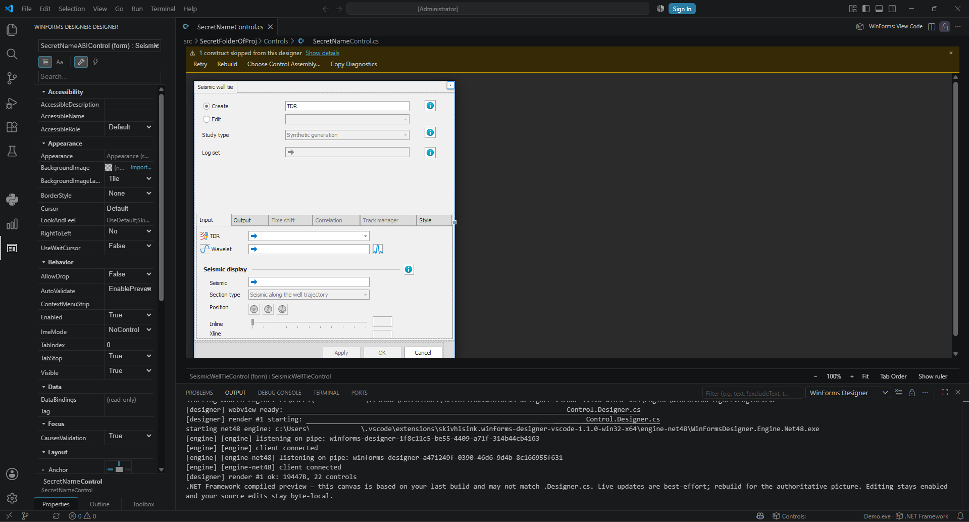 A production line-of-business form open in the designer