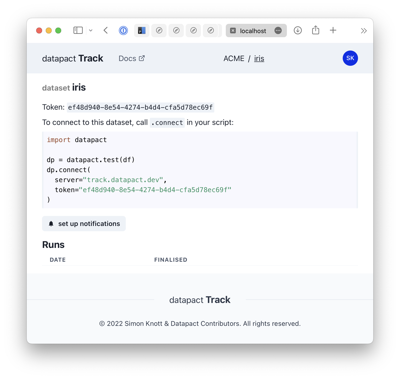 Datapact Track dataset overview. code snippet for how to connect test suite to service