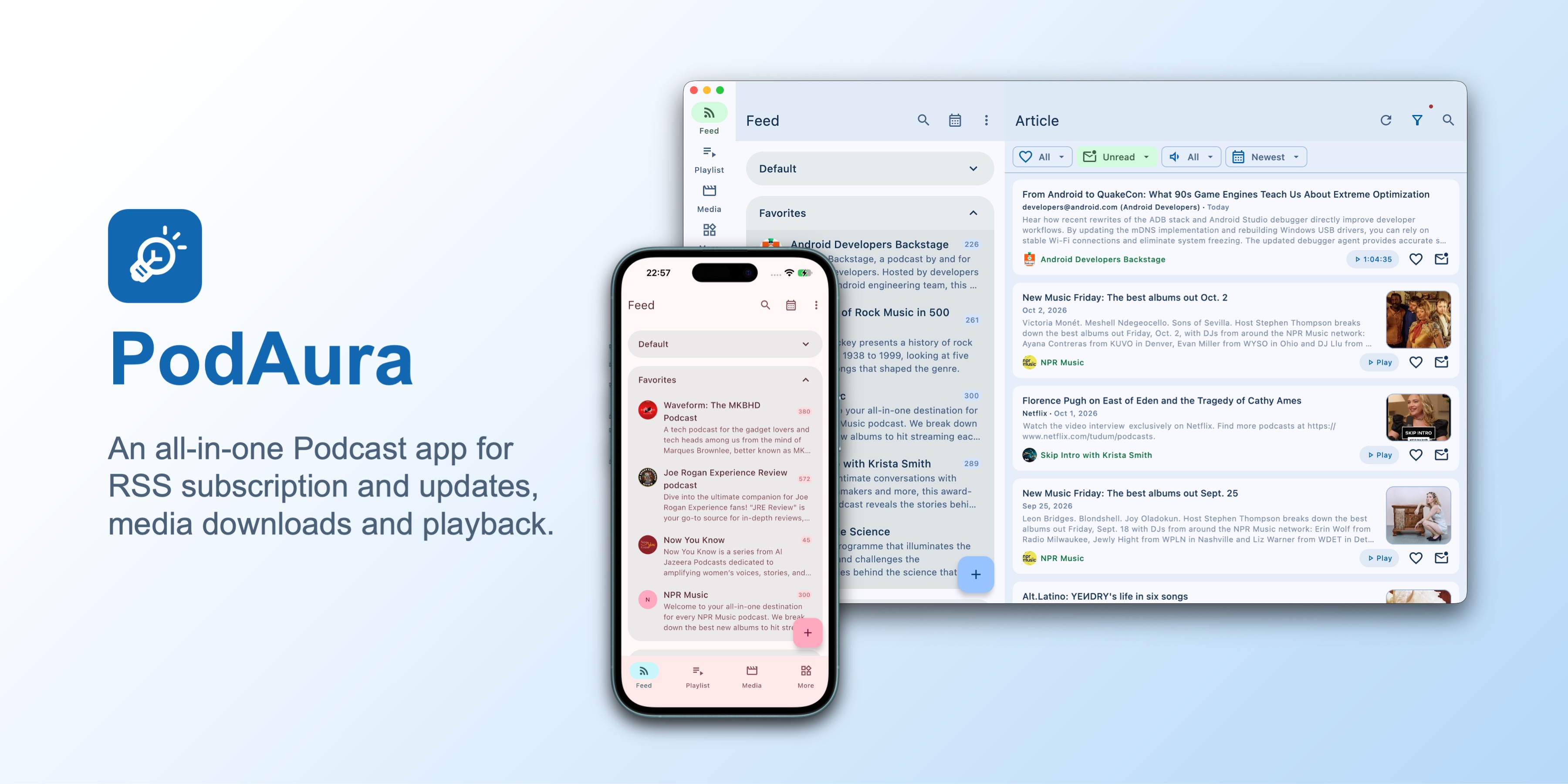 An all-in-one Podcast app for RSS subscription and updates, media downloads and playback.