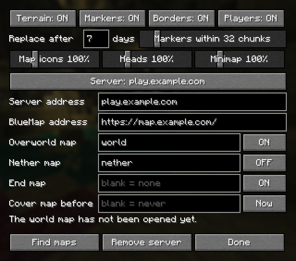 The Sky's Map Exposer settings screen, filled in for play.example.com