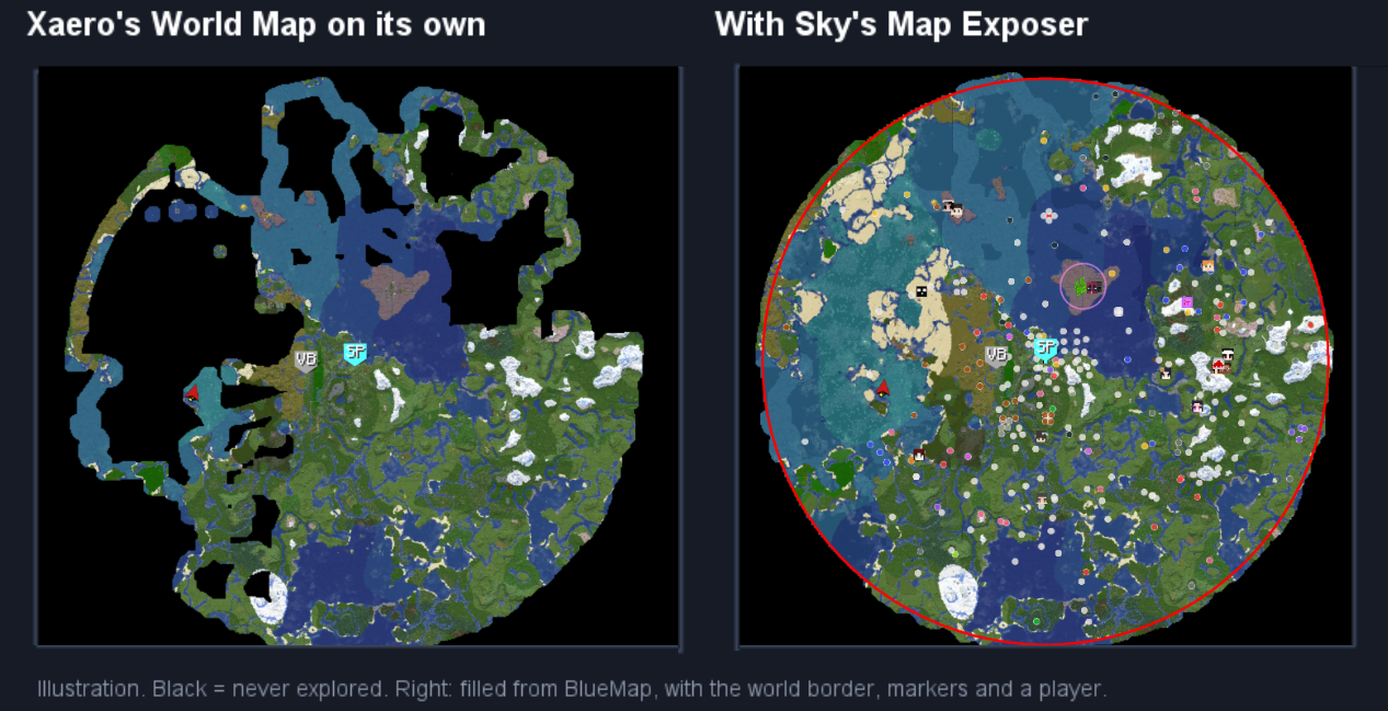 Xaero's World Map on its own, with black unexplored areas, next to the same map with Sky's Map Exposer: the gaps filled from BlueMap, a red world border, shop and banner markers, a hover label and a player's head