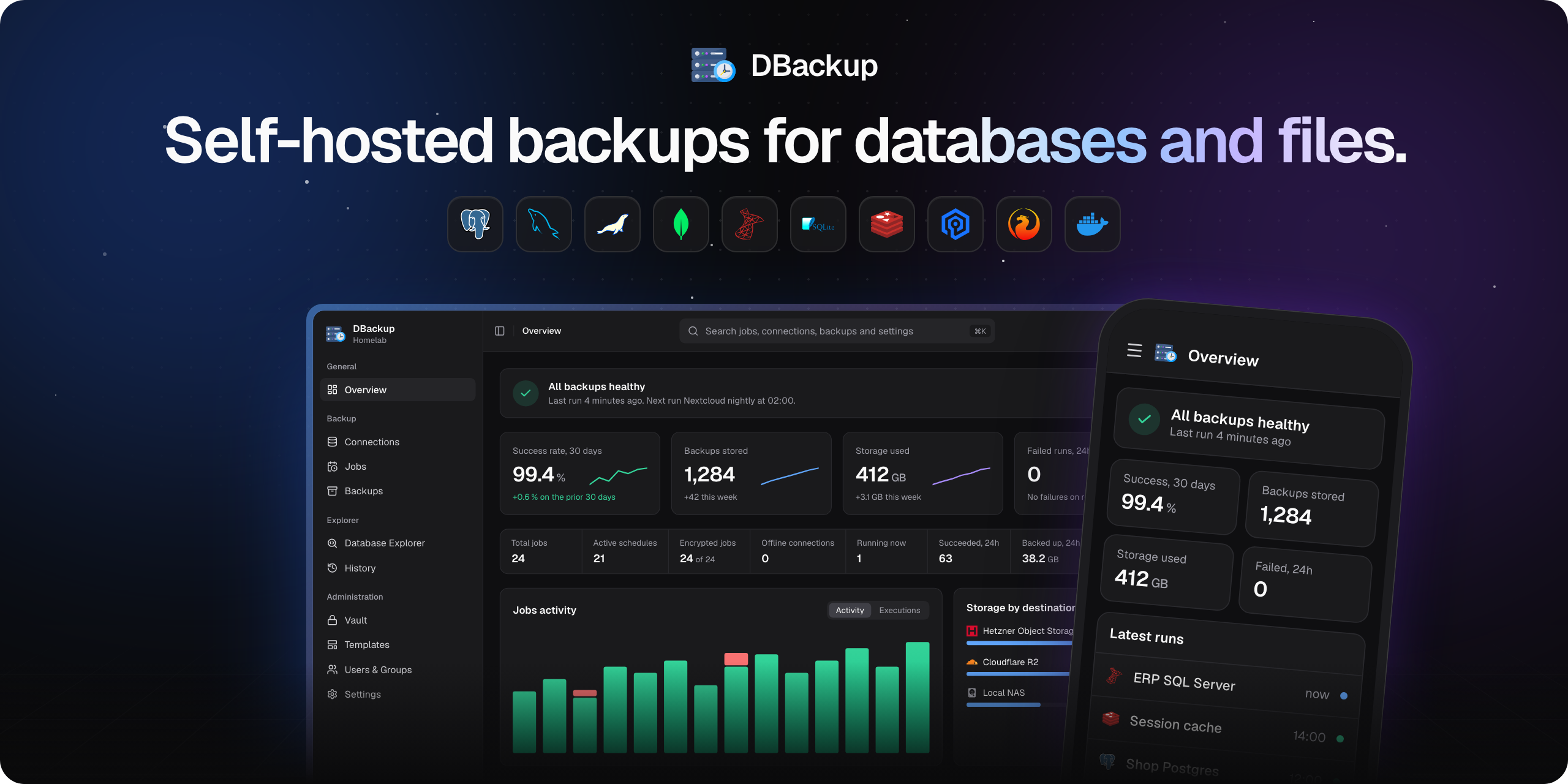 The DBackup overview on a desktop and a phone, with the databases it backs up