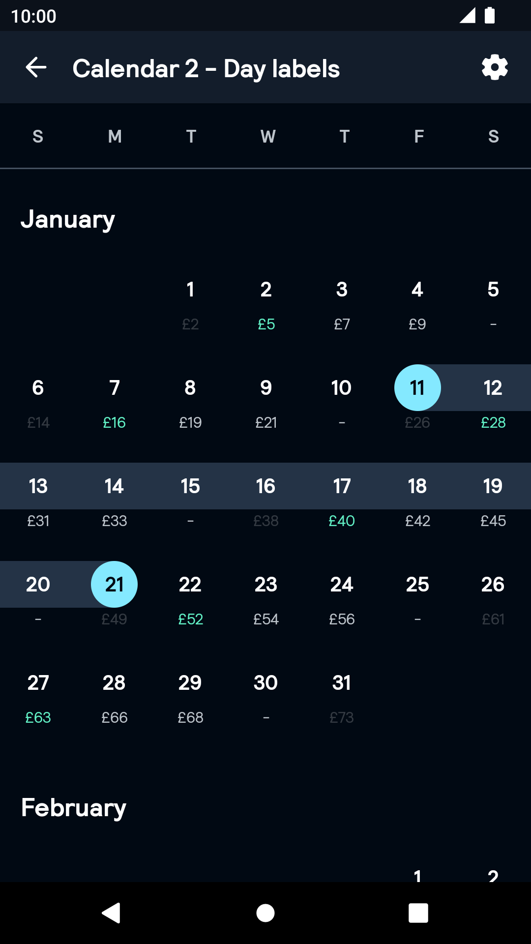 Labeled Calendar2 component - dark mode