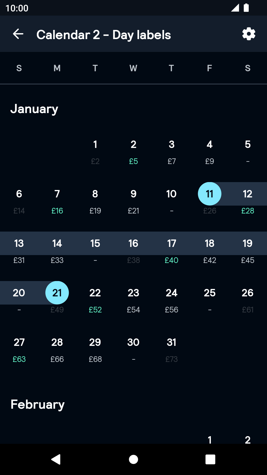 Labeled Calendar2 component - dark mode