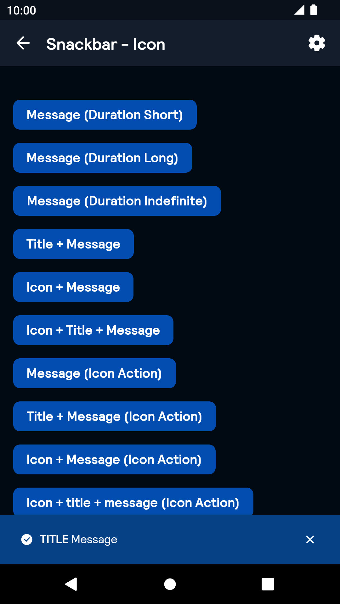 Icon Snackbar component - dark mode