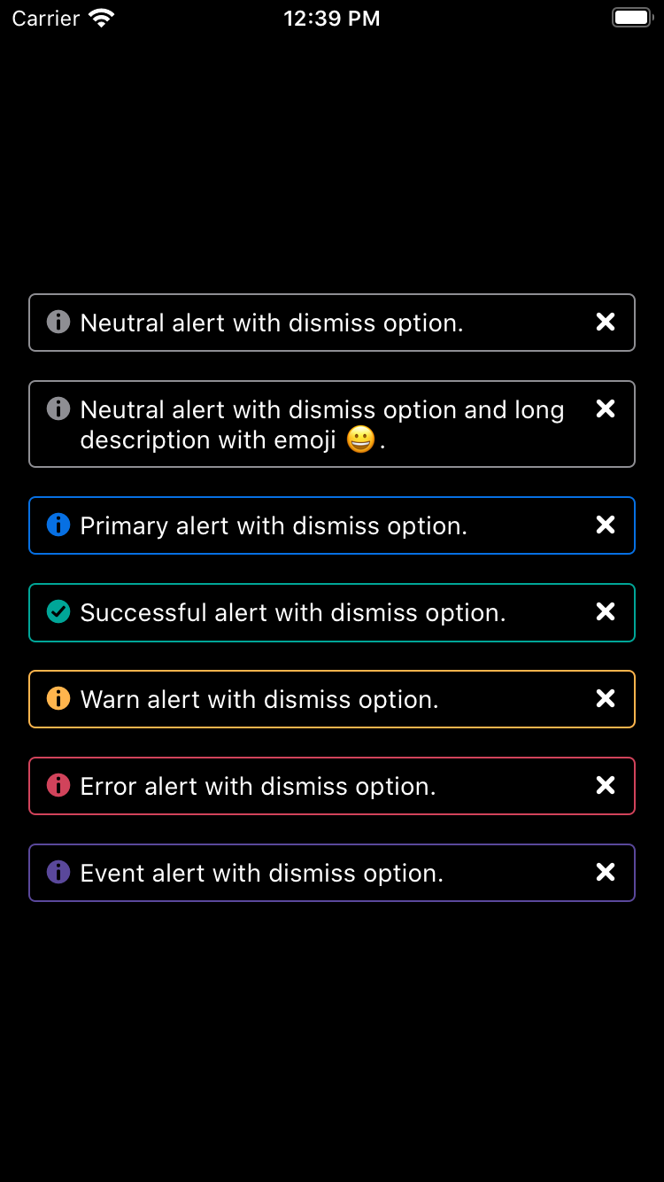 bpk-component-banner-alert dismissable iPhone 8 simulator - dark mode