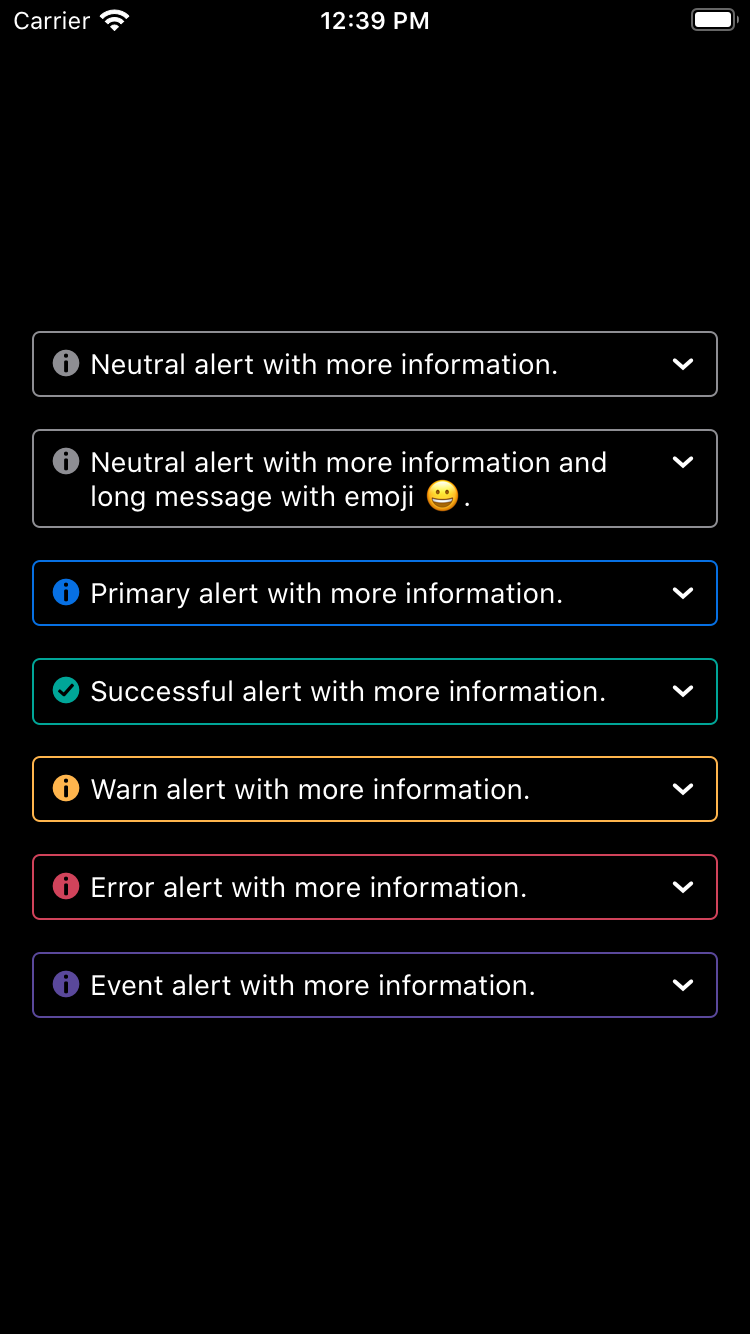 bpk-component-banner-alert expandable iPhone 8 simulator - dark mode