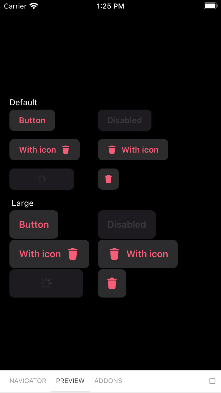 bpk-component-button destructive iPhone 8 simulator - dark mode